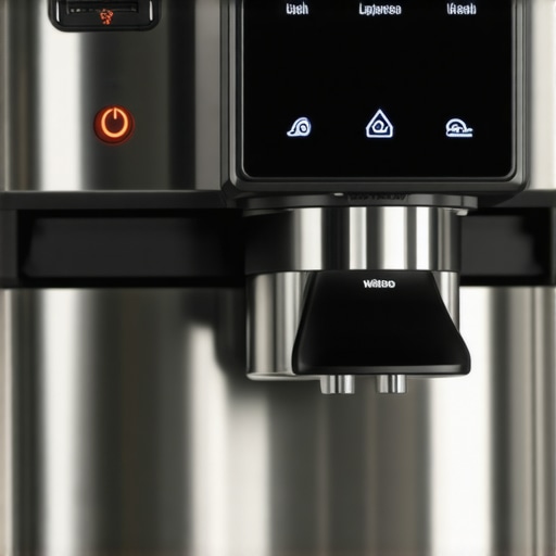 Close-up of a modern espresso grinder with digital interface and precision burrs