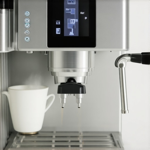Close-up of a modern super automatic espresso machine with digital screen and steam wand