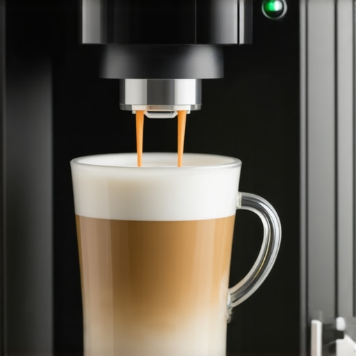 Close-up of a sleek coffee machine with frothing milk in a kitchen