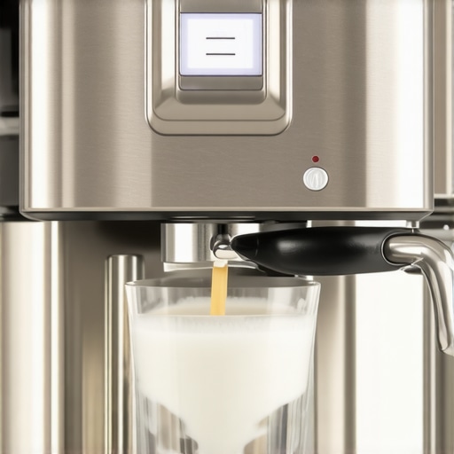 Close-up of a sleek espresso machine steaming milk for frothing.
