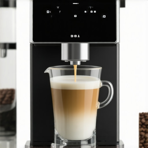 Close-up of a professional-grade coffee machine with milk frother and beans