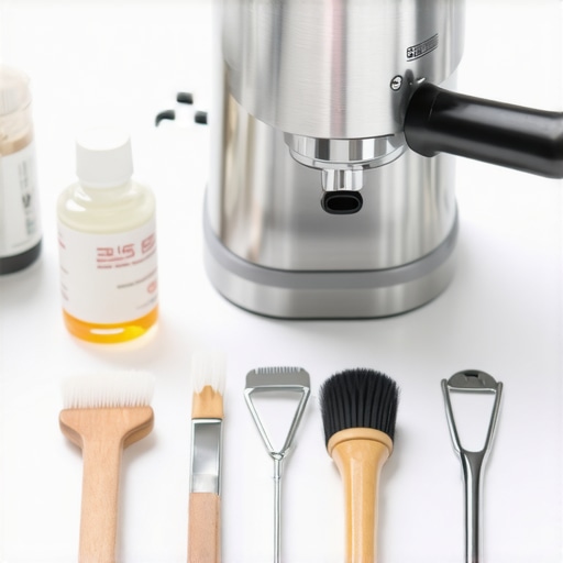 A collection of cleaning brushes, descaling solutions, and burr cleaning tools for espresso machines.