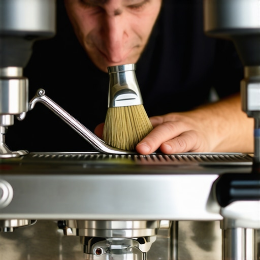 A person cleaning an espresso machine with brushes and tools to show maintenance practices.