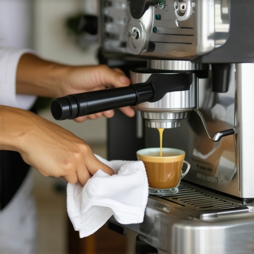 Person cleaning espresso machine with tools and cloth