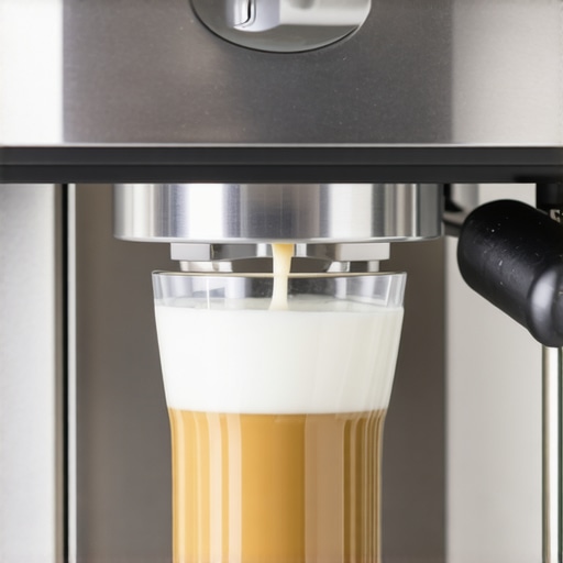 Close-up of milk frothing process in a modern kitchen using super automatic espresso machine