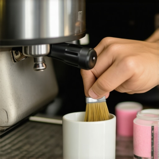 A detailed shot of cleaning tools and tablets for espresso machine maintenance