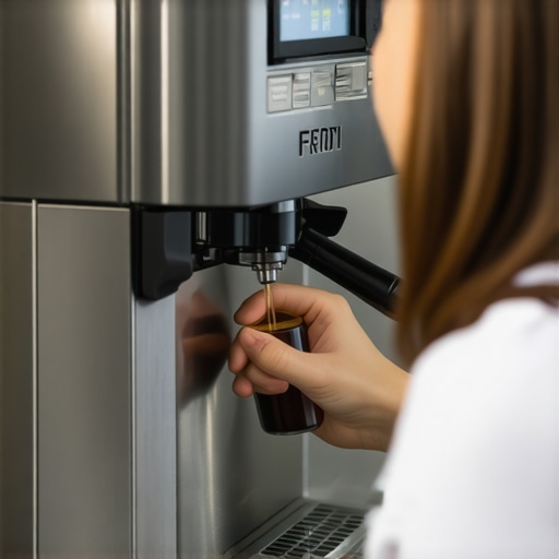 A person cleaning a coffee machine with brushes and descaling solutions.