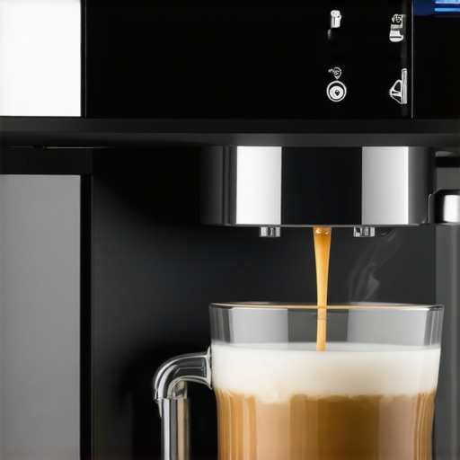 Close-up of a coffee machine brewing espresso with milk frothing in progress