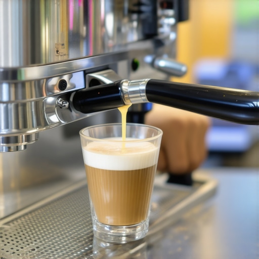 Close-up of espresso shot and milk frothing process with automatic machine