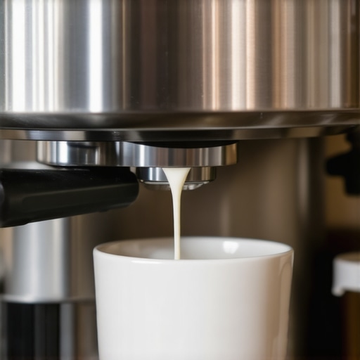Person frothing milk using an automatic frother on a modern kitchen counter