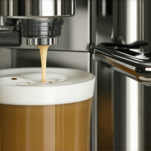 Frothed milk pouring from a built-in frother into a cup, demonstrating barista-quality microfoam.