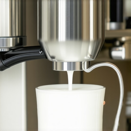 Barista creating glossy microfoam with automatic milk frother in a professional coffee setting.