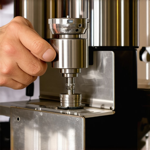 Person cleaning and reassembling the burrs of an espresso grinder, with focus on mechanical parts.
