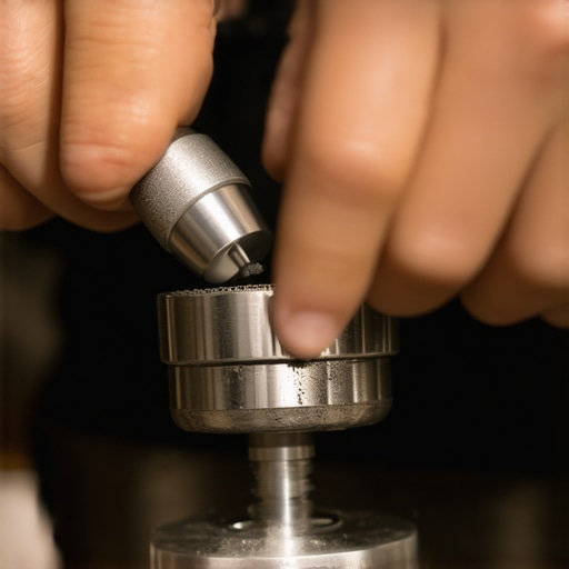 A technician inspecting and cleaning a coffee grinder's burrs with a specialized tool.