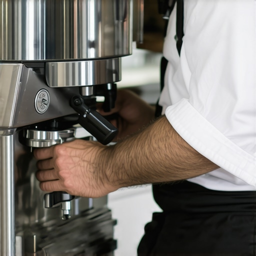 Detailed image of a hand turning the dial on an espresso grinder in a kitchen
