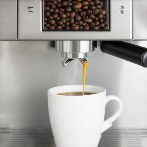 A detailed shot of a modern super automatic espresso machine with coffee beans and brewing cup