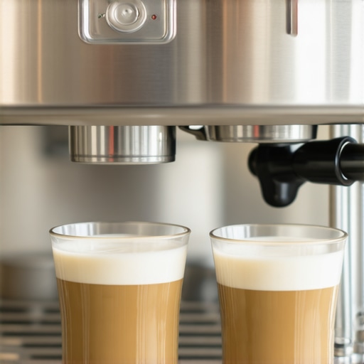 A sleek super automatic espresso machine with milk frother and a cup of espresso on a kitchen counter