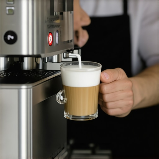 Close-up of steaming milk with a super automatic milk frother showing smooth microfoam.