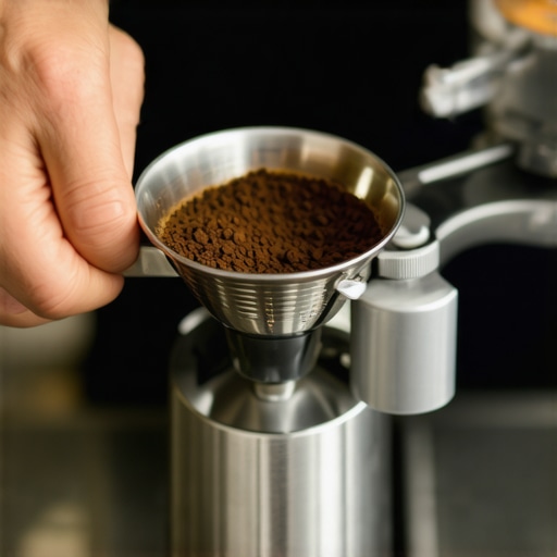 Barista tamping coffee grounds in espresso machine portafilter