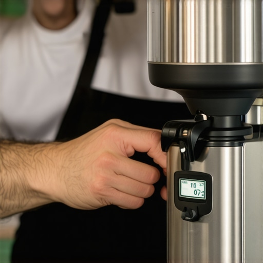 A barista meticulously calibrating an espresso grinder using a digital gauge to ensure perfect grind size.
