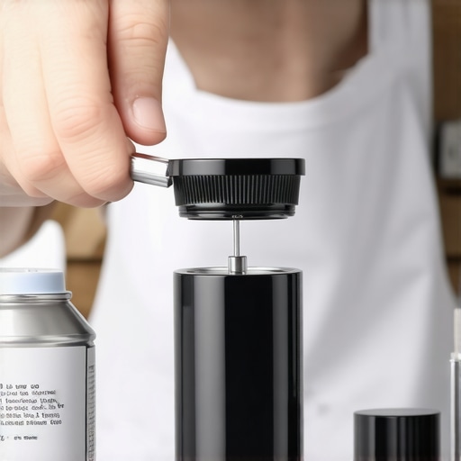 Person using a brush and compressed air to clean a coffee grinder for maintenance