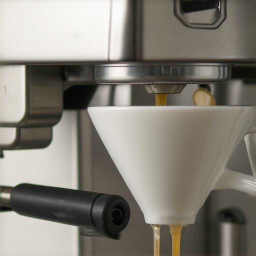 Person descaling an espresso machine with a funnel and cleaning solution
