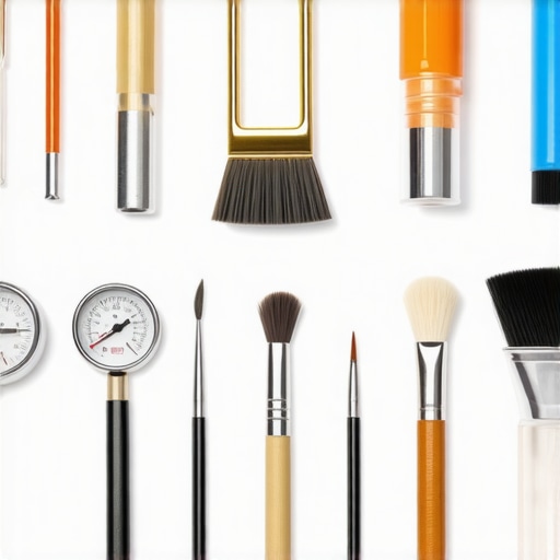 Professional tools for maintaining espresso machines, including gauges and cleaning brushes.