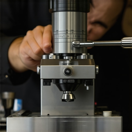 Barista aligning burrs on espresso grinder with caliper in a professional coffee shop.