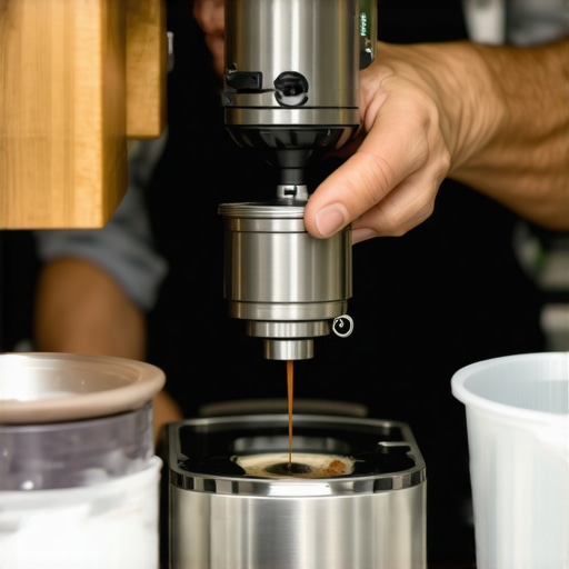 Barista adjusting espresso grinder burrs with a calibration tool in a coffee shop