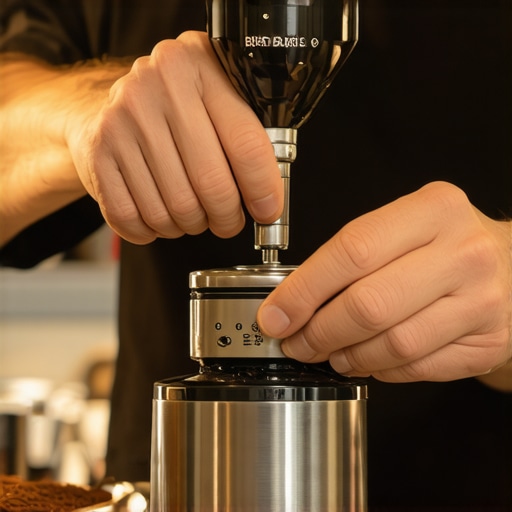 Barista adjusting grinder burrs with tools for optimal alignment.