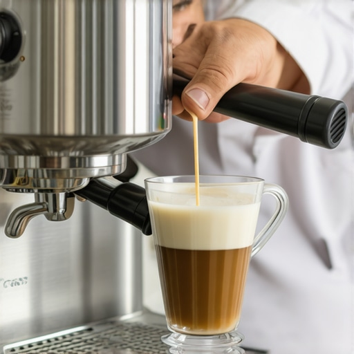 Barista steaming milk using a commercial espresso machine with a focus on the steam wand in action