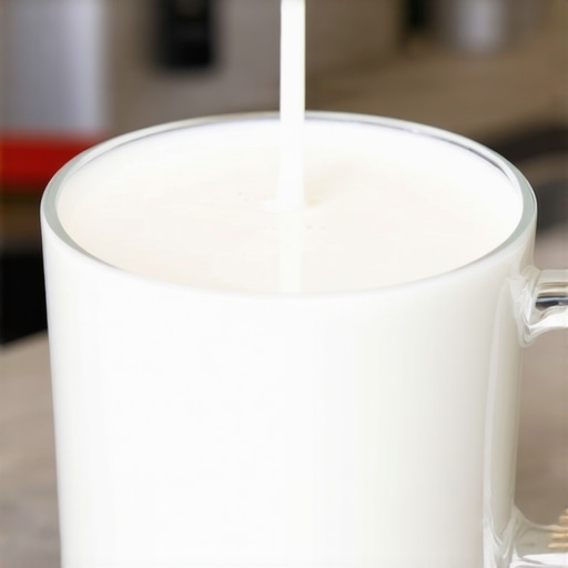 Close-up of milk being froth-turned by an automatic frother, illustrating silky microfoam in a professional coffee environment.