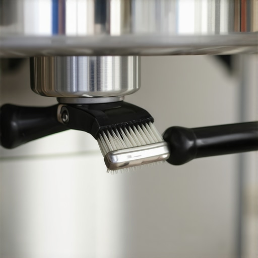 A detailed shot of a person cleaning an espresso machine's grinder chamber and water reservoir with specialized tools.