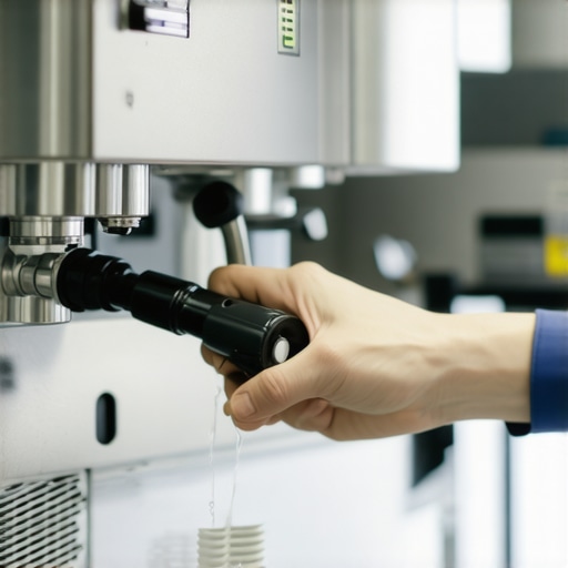 Technician tightening water hose fitting in a coffee machine during repair.