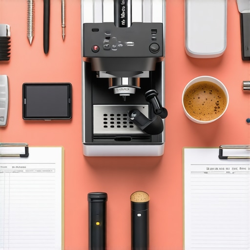 A detailed workspace with calibration devices, cleaning kits, and logs for espresso machine care