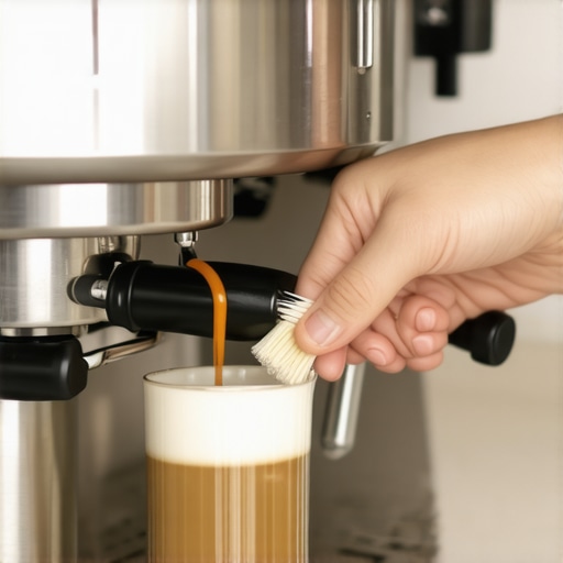 Person cleaning the brewing assembly of an espresso machine with a brush and vinegar