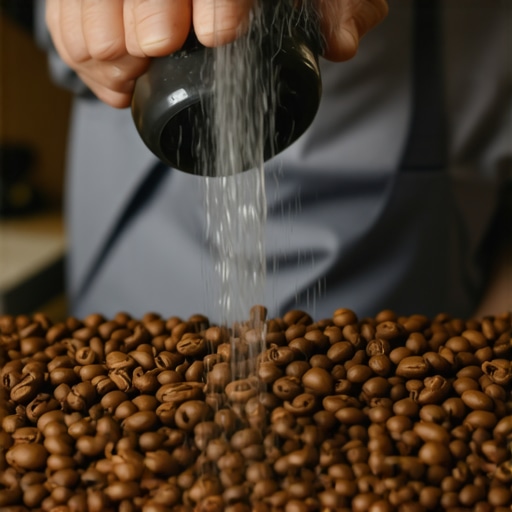 A hand spraying water onto coffee beans to minimize static buildup in preparing for grinding.