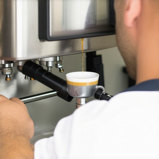 Technician examining water hoses and seals inside an espresso machine for leaks.