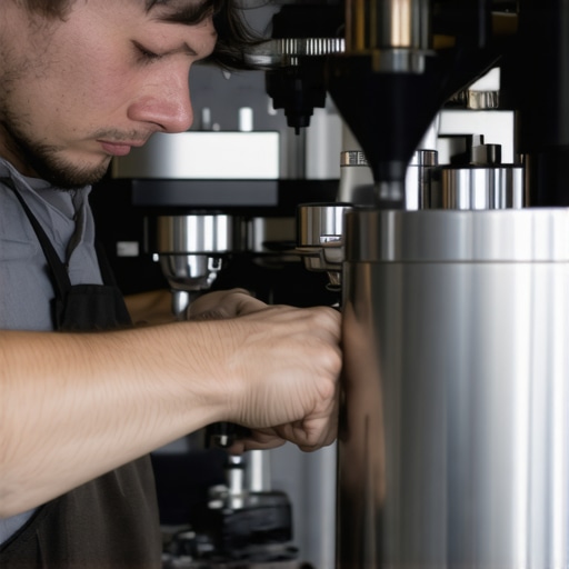 A professional barista cleaning and calibrating an automatic espresso machine with precise tools in a bright coffee shop
