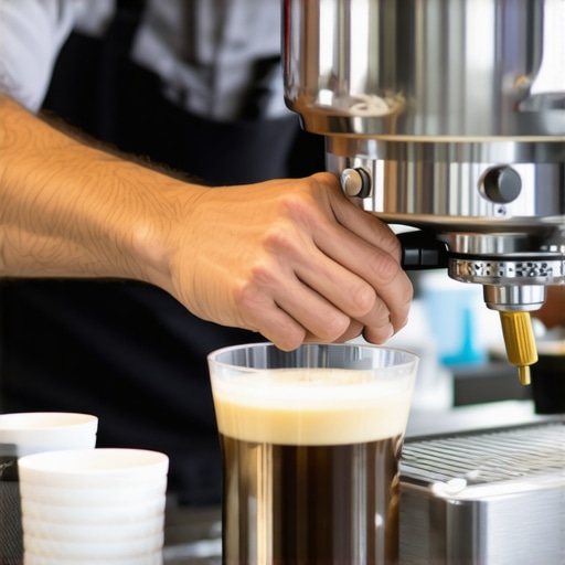 Precision Espresso Grinder Calibration Tools A barista adjusting the burrs of an espresso grinder with a caliper and screwdriver in a professional coffee setup